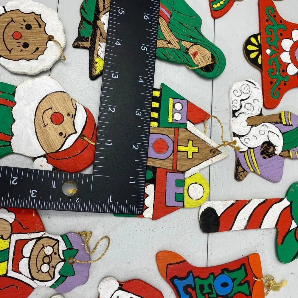Vintage Wooden Christmas Ornaments Lot 28 Hand Painted Folk Art Mixed Christian